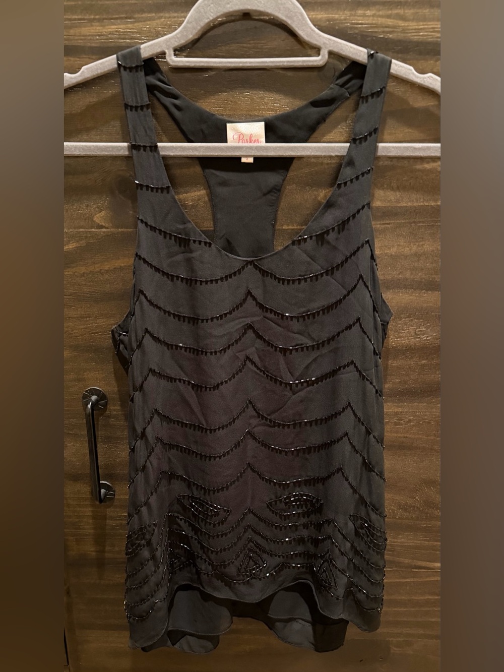 PARKER Silk Beaded Racerback Tank Top Black Size S